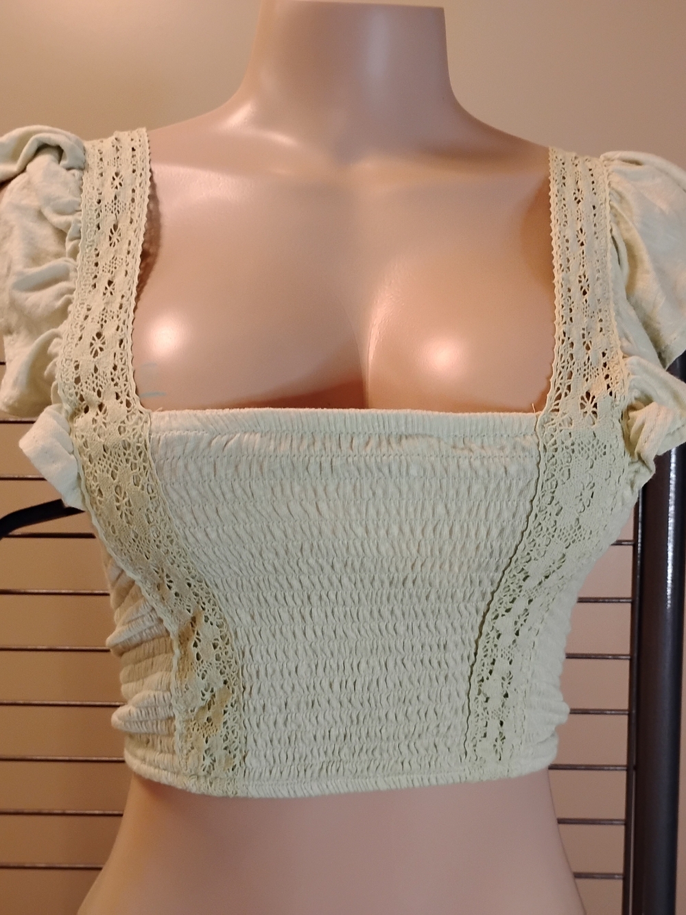SO Sage Green Smocked Lace-Trim Crop Top